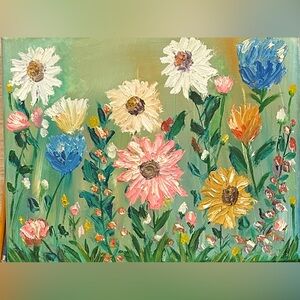 Colorful Floral Oil Painting - Pink, Yellow, Blue & White Blooms